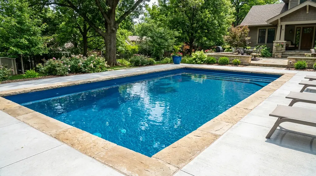 An inground pool freshly coated in a rich ecoFINISH color with clear water and a smooth even surface in a Kansas City backyard