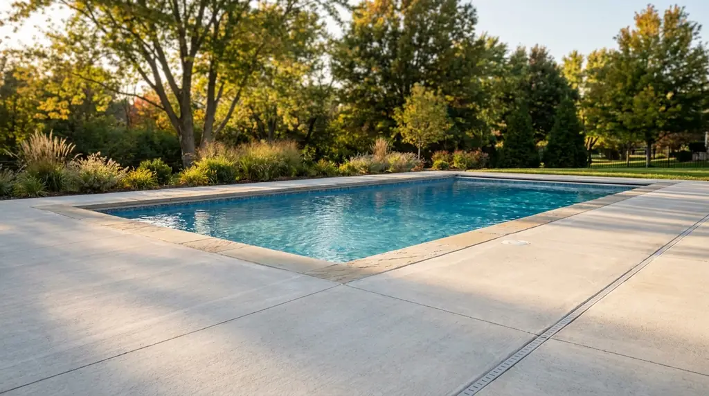 A newly finished inground pool and a matching poured concrete deck in a Kansas City backyard, both renovated as one project