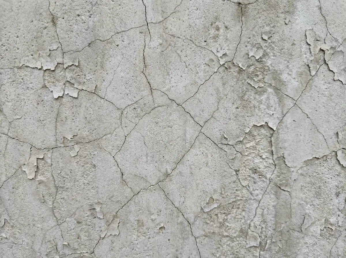 Close-up of pool surface showing fine check-cracking across aged plaster finish in natural daylight