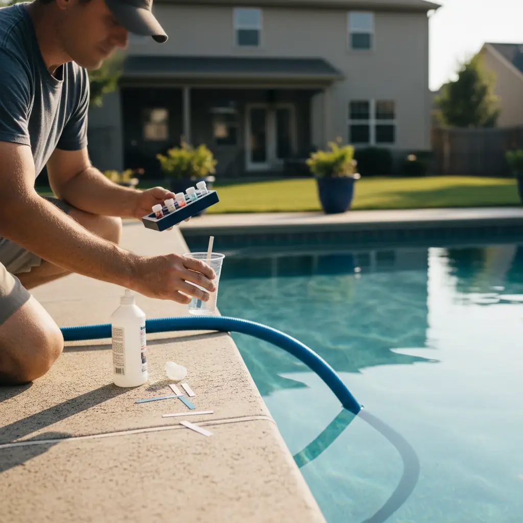 Careful hands-on surface preparation on a pool shell crack before repair, deliberate and methodical work in natural daylight
