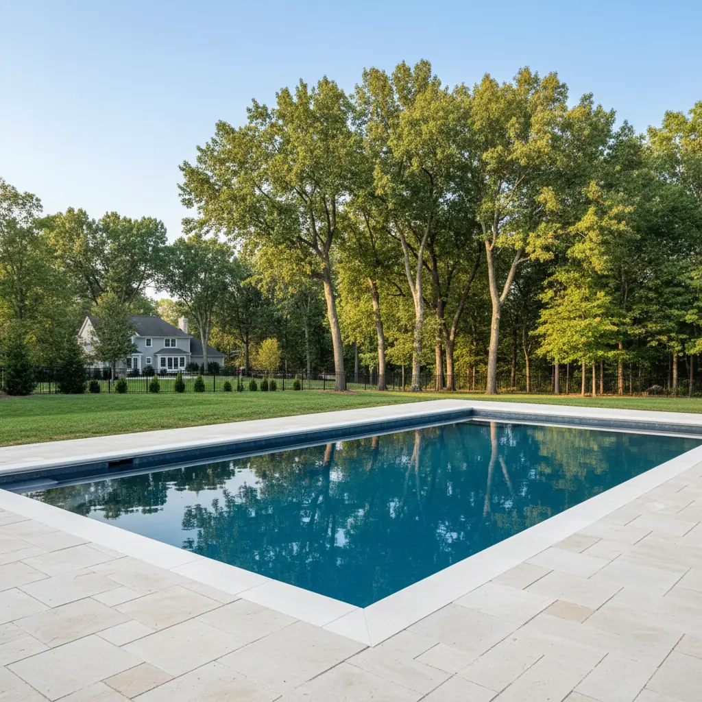 An aging inground gunite pool surface in an established luxury-home backyard, showing rough plaster and light staining before resurfacing.